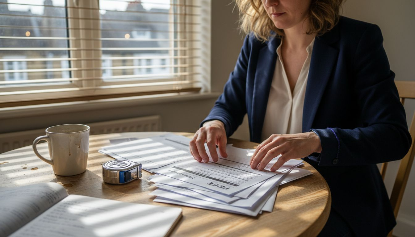 EPC assessor organizing paperwork at dining table