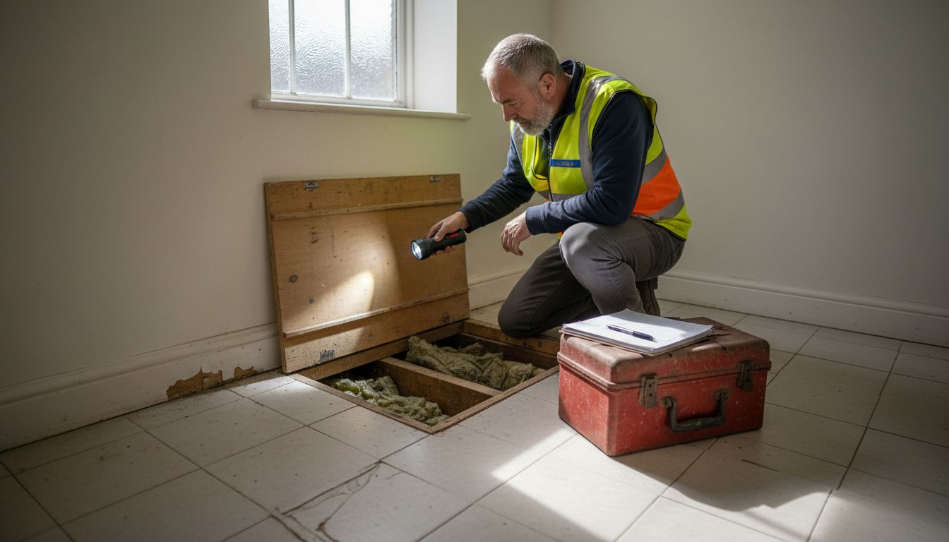 Inspector examining construction flaws and insulation