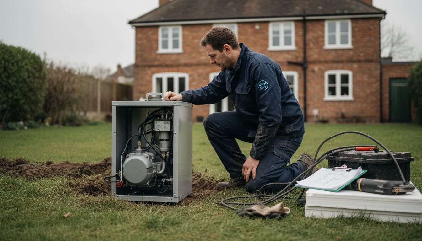 Installer fits ground source heat pump outdoors