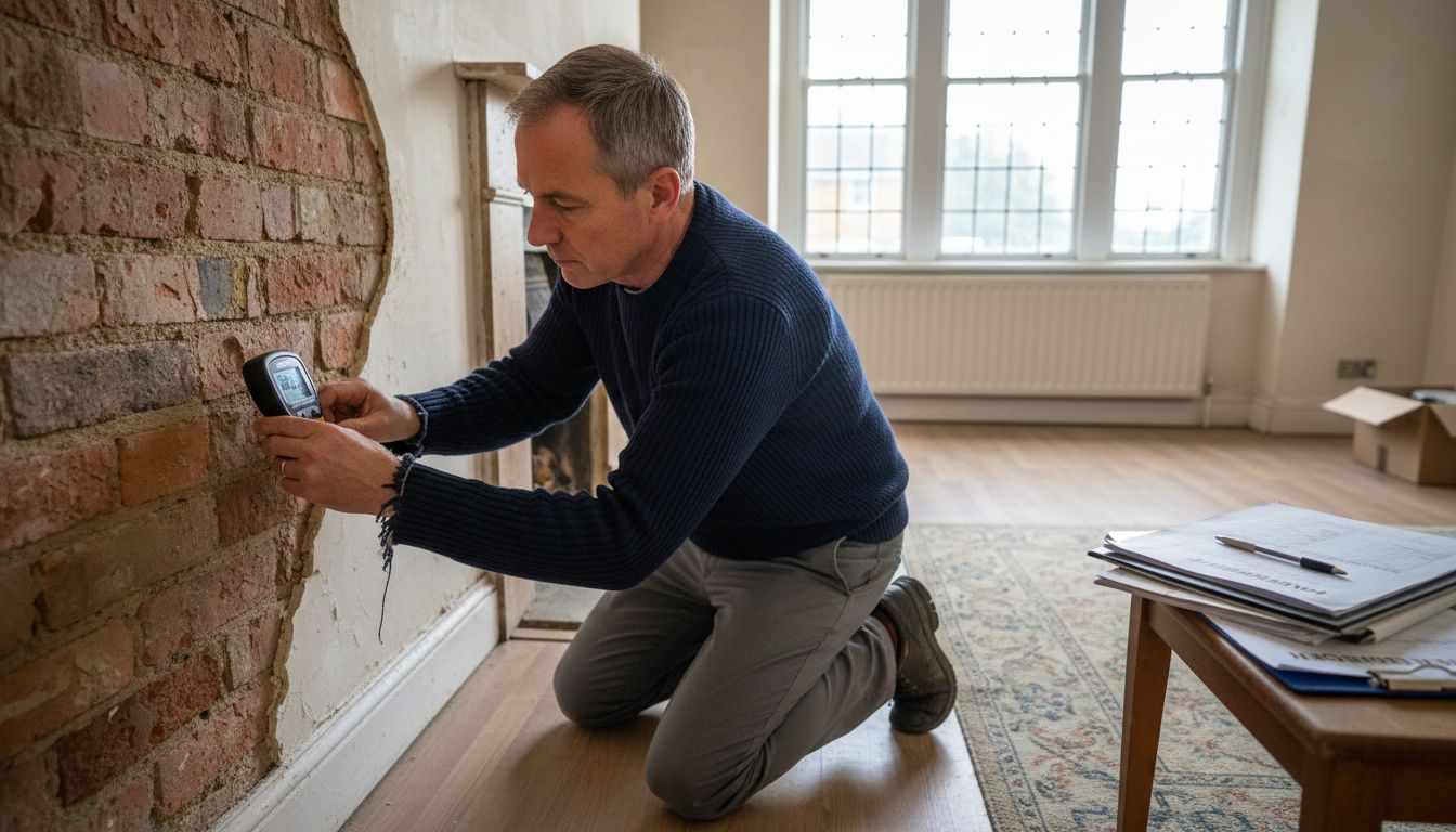 Surveyor examining wall inside older home