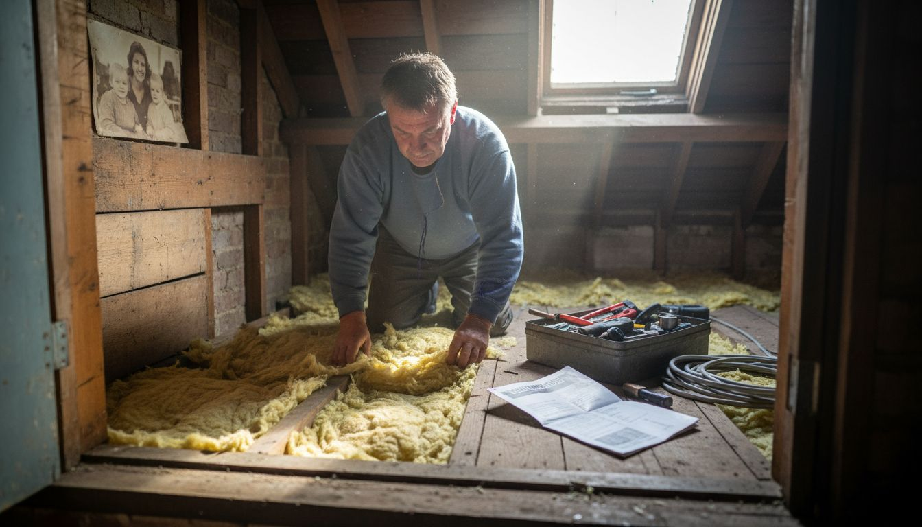 Installer fitting insulation in London attic