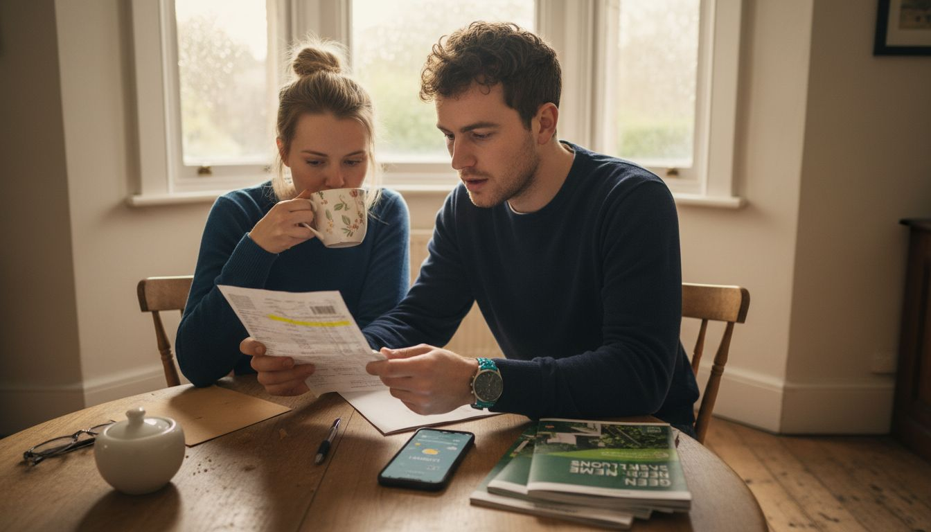 Couple reviewing energy savings at home table