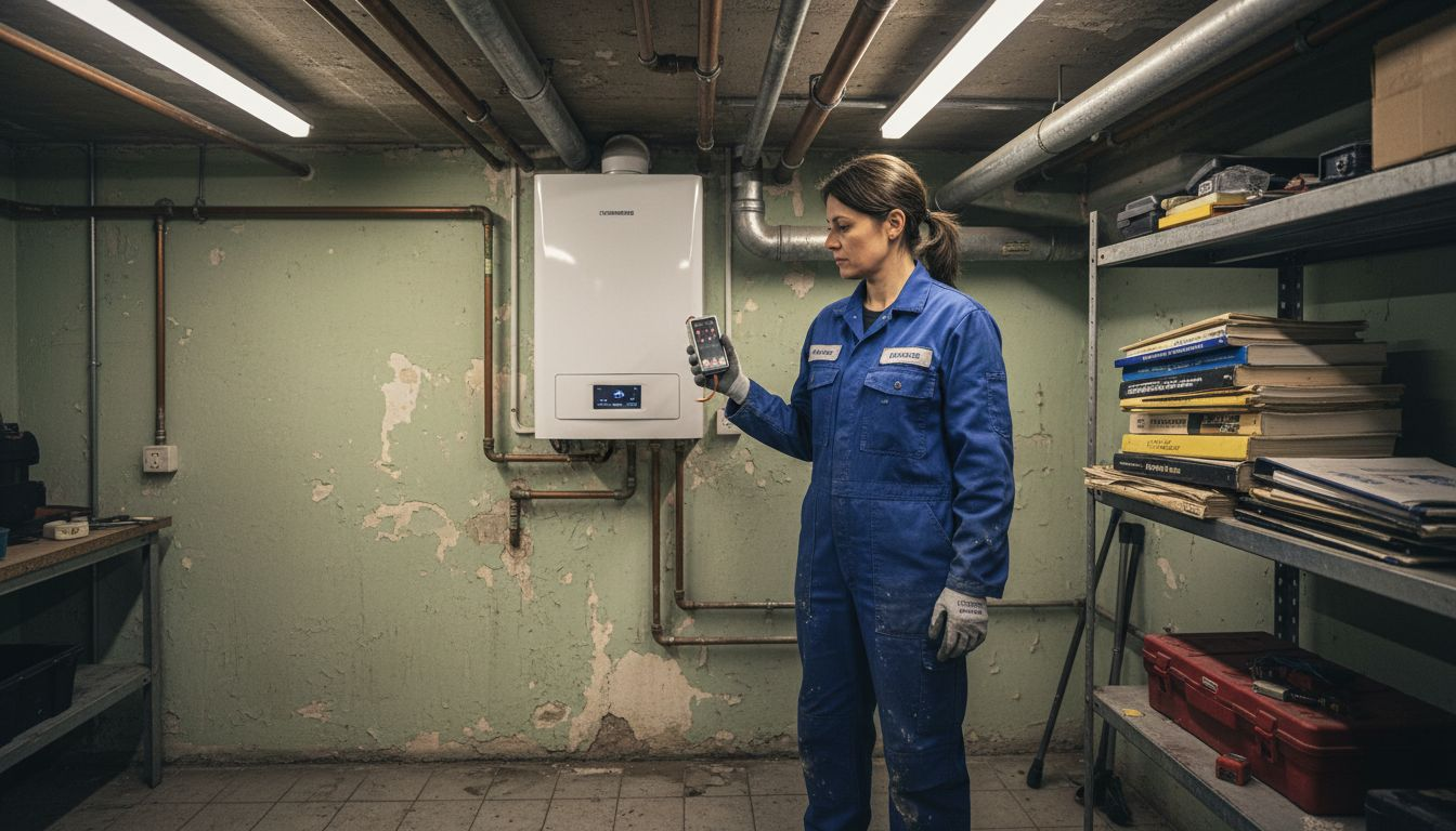 Technician installing sensor for boiler maintenance