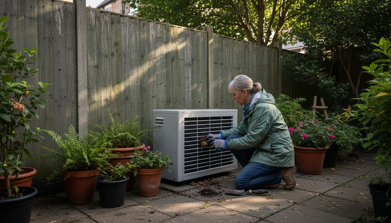 Woman inspecting air source heat pump in garden
