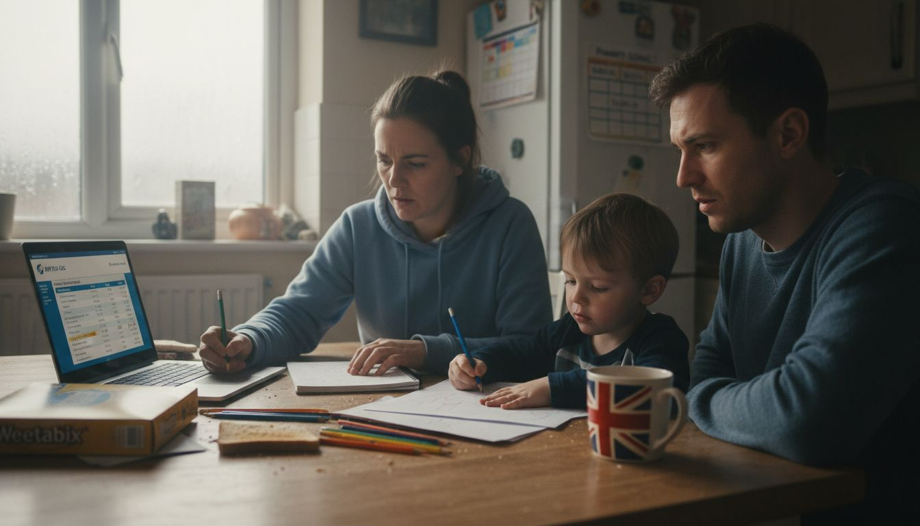Family reviews laptop energy bill at kitchen table