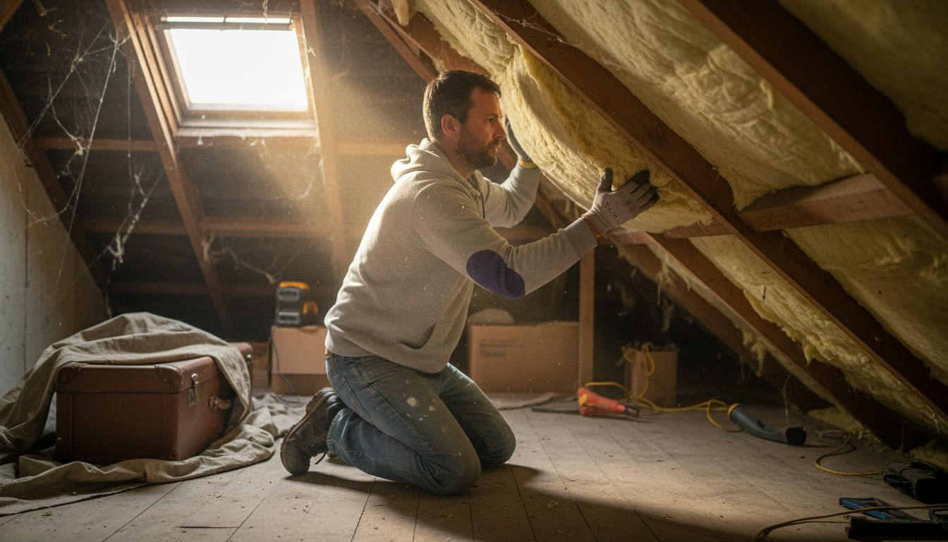Worker installing insulation in London attic