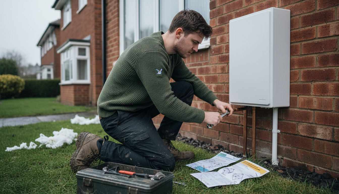 Landlord installing heat pump outside home