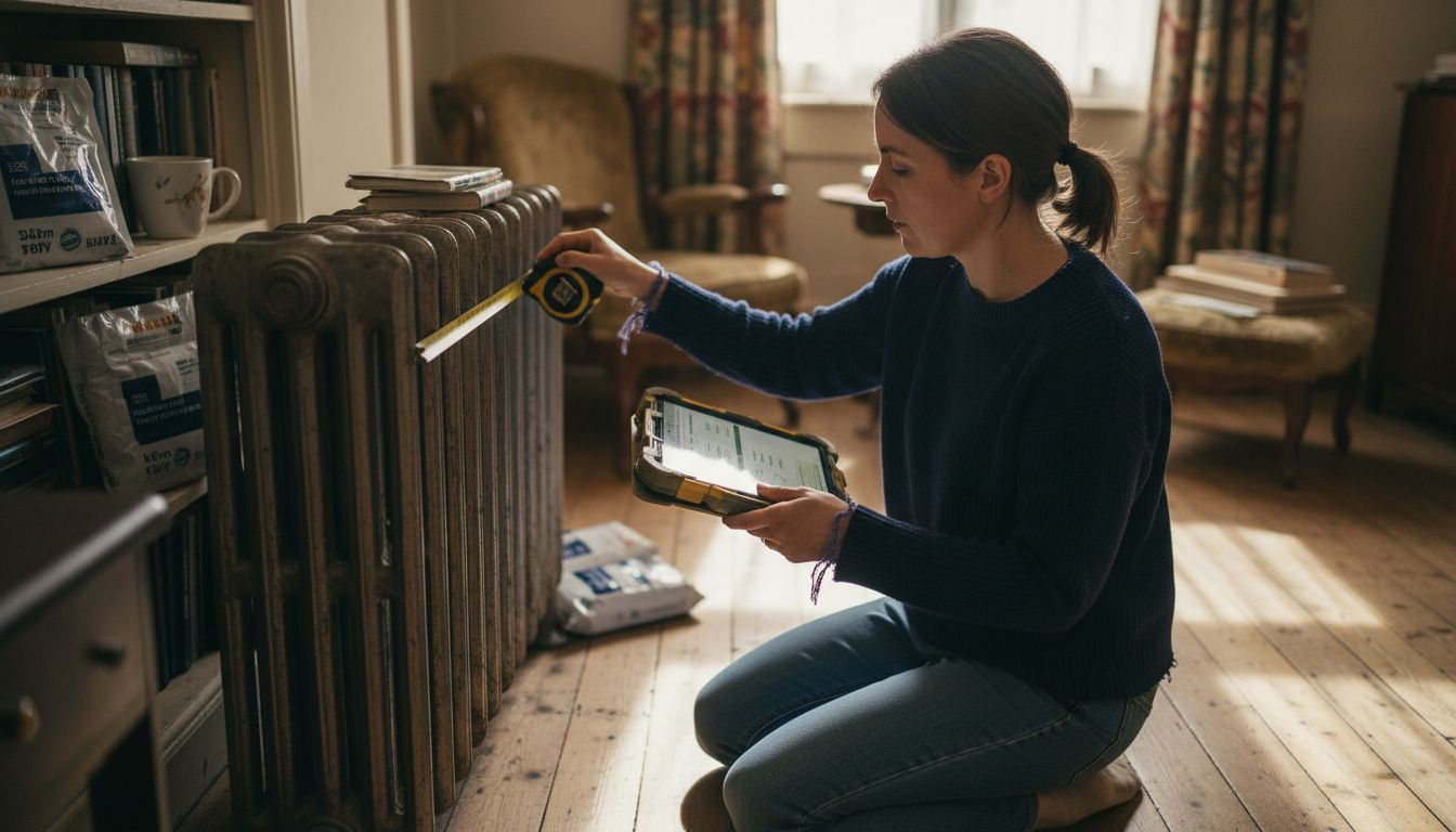 Energy assessor records radiator measurements onsite