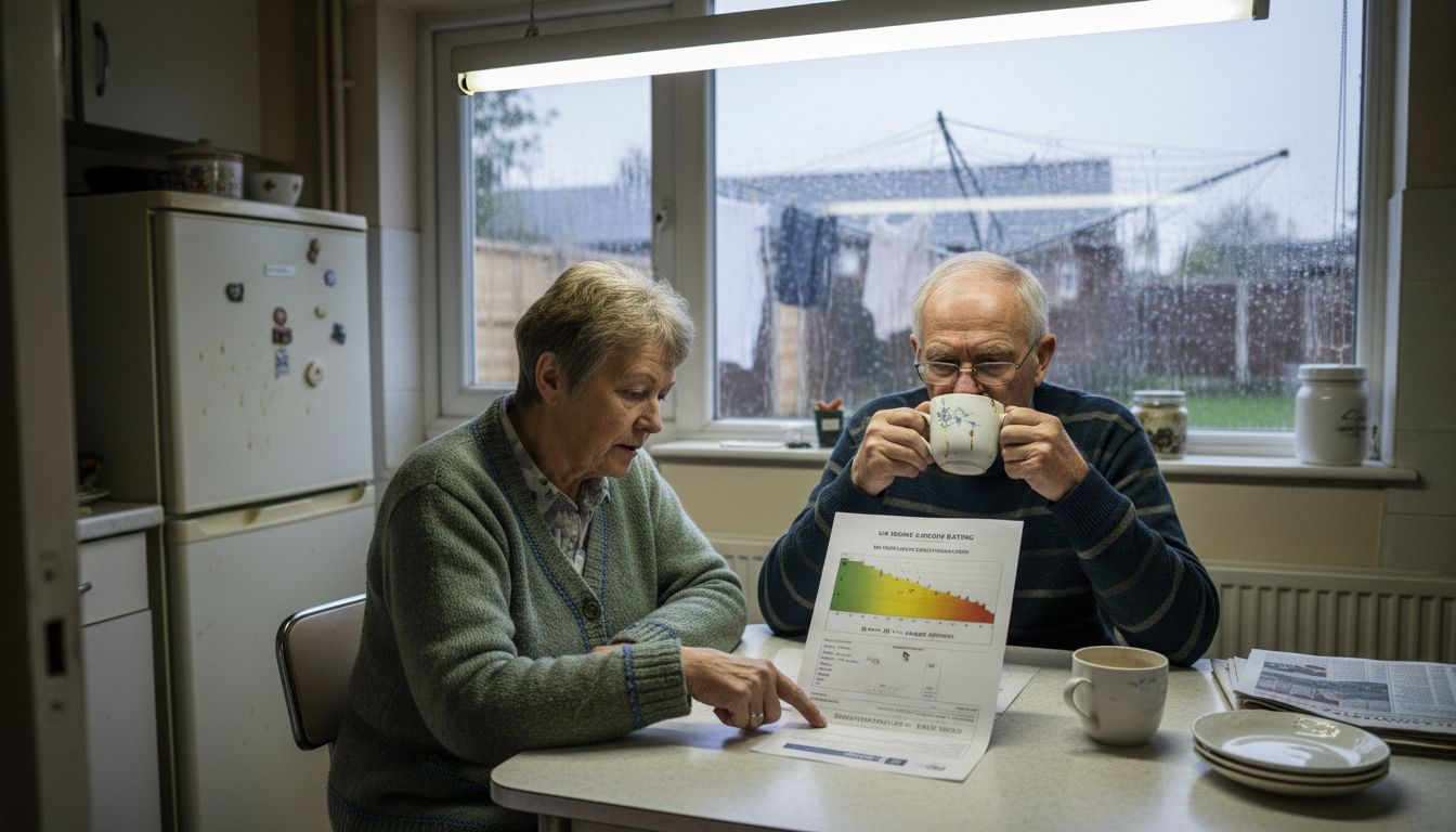 Couple reviewing heating bills in UK kitchen