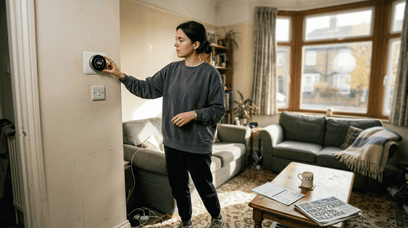 Woman adjusting smart thermostat in UK living room