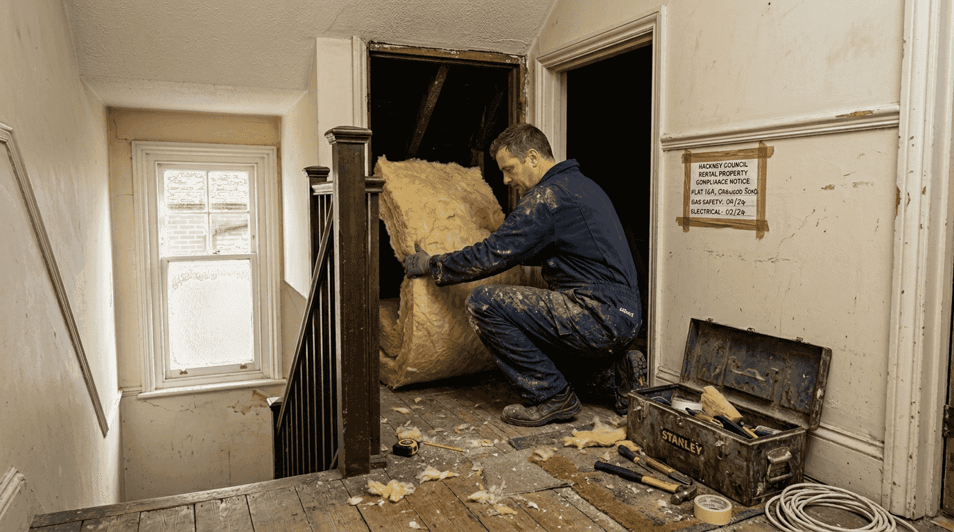 Installer fitting insulation in old London rental