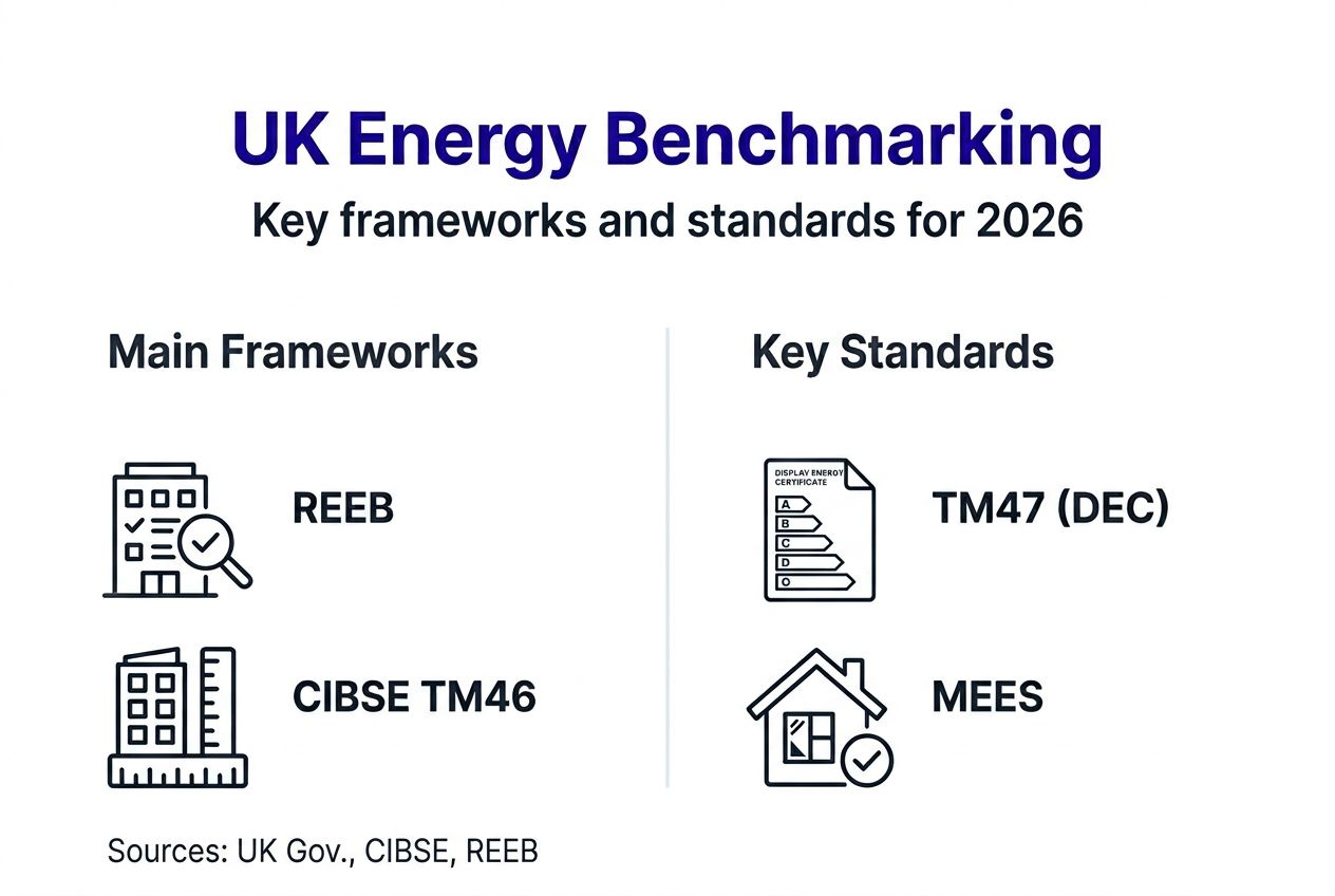 Infographic of UK energy benchmarking frameworks and standards