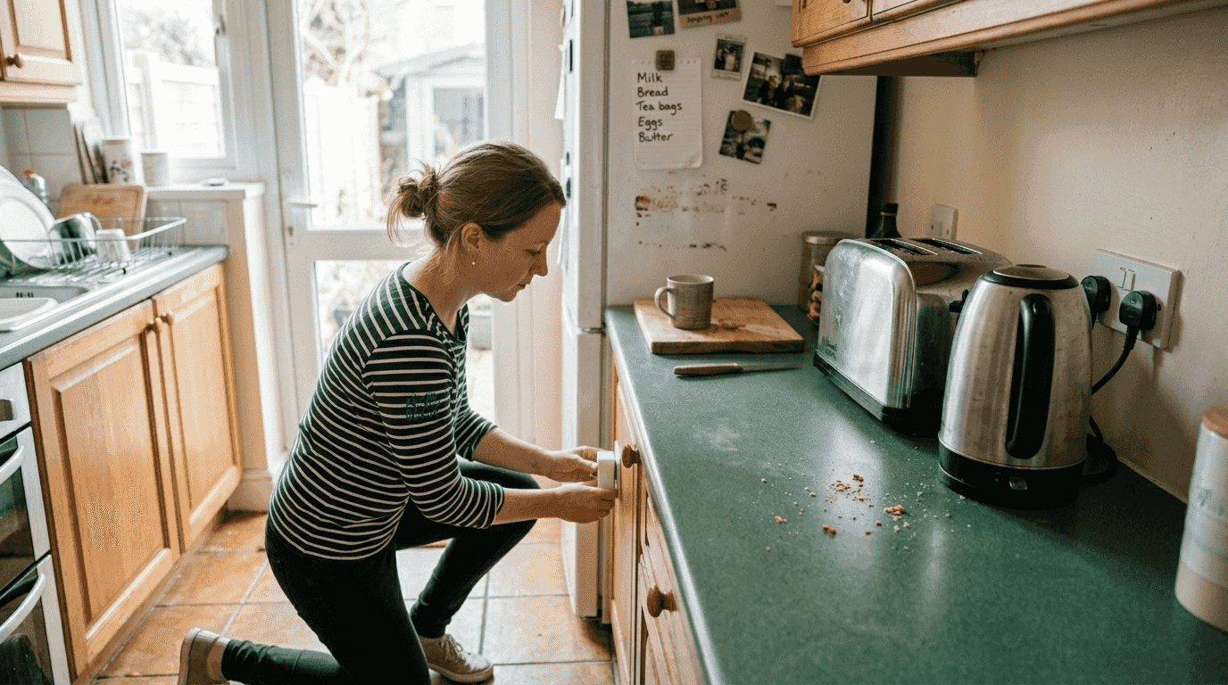 Woman installing smart plug in kitchen socket