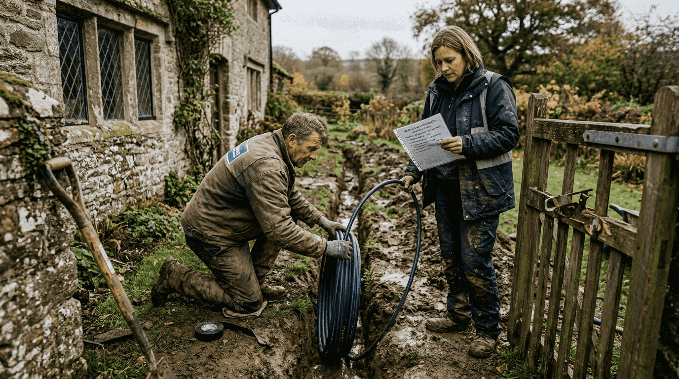 Installers placing ground source heating pipes