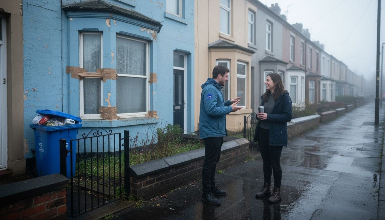 Varied UK terrace homes with residents talking outside