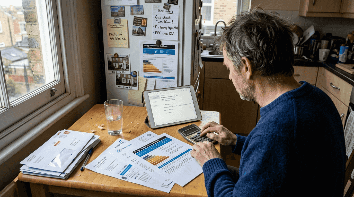 Landlord calculating EPC fee costs at table