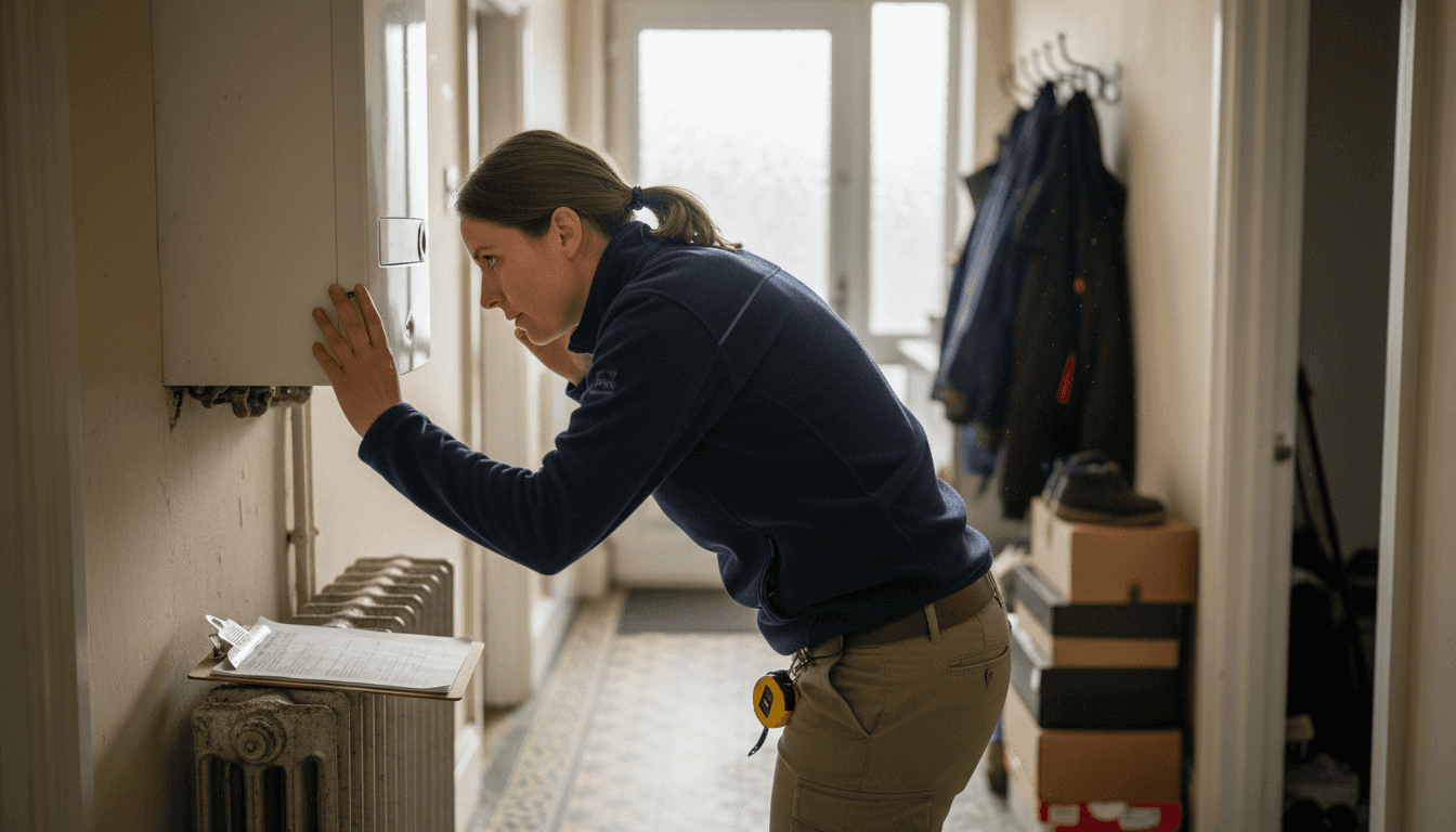 Energy assessor inspecting residential boiler