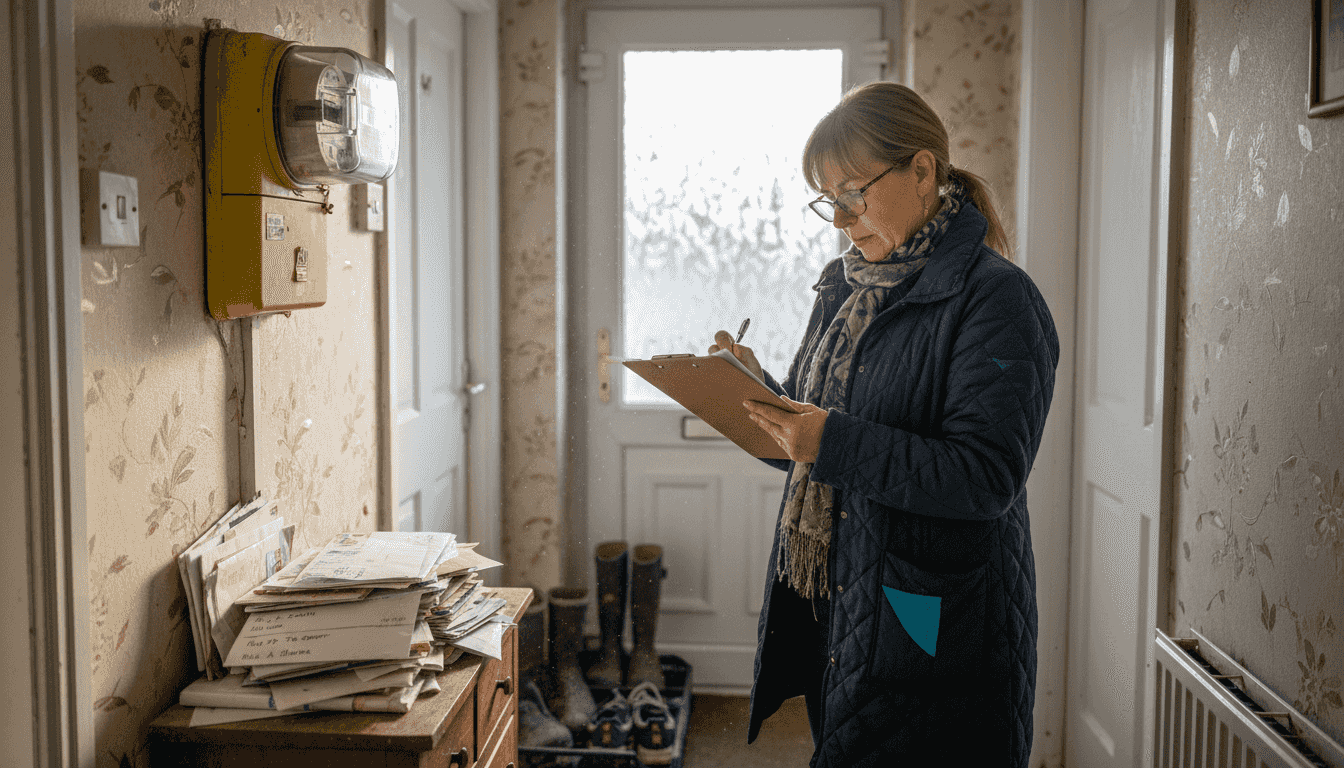 Landlord checking energy compliance in entryway