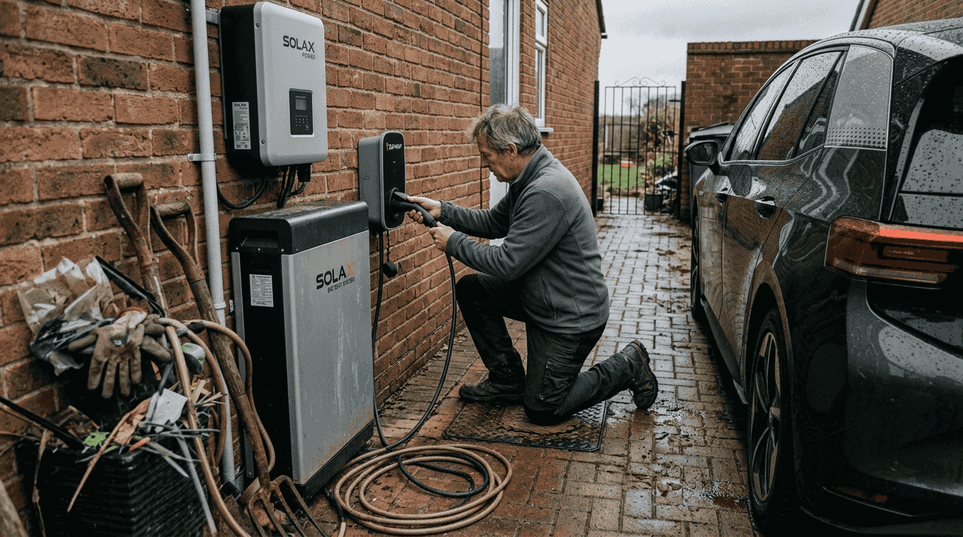 Homeowner connecting electric car to charger