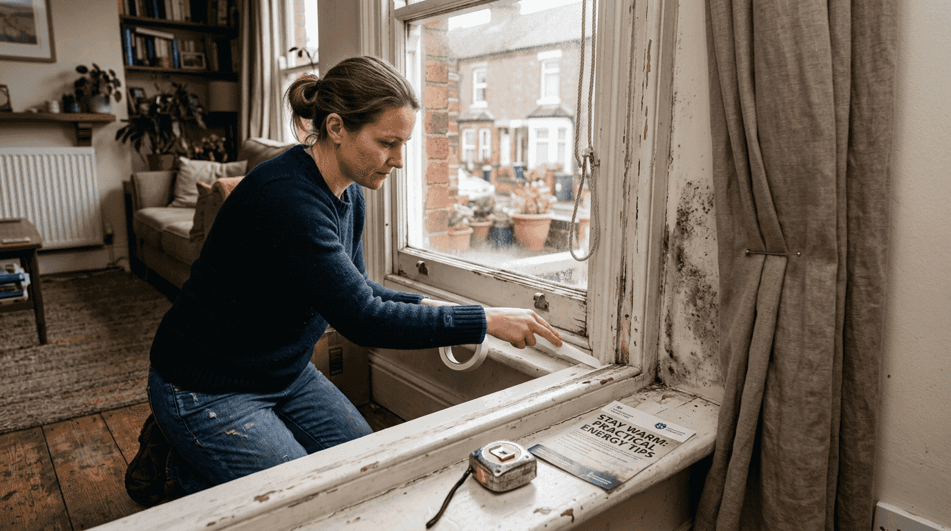 Woman sealing draughty UK sash window