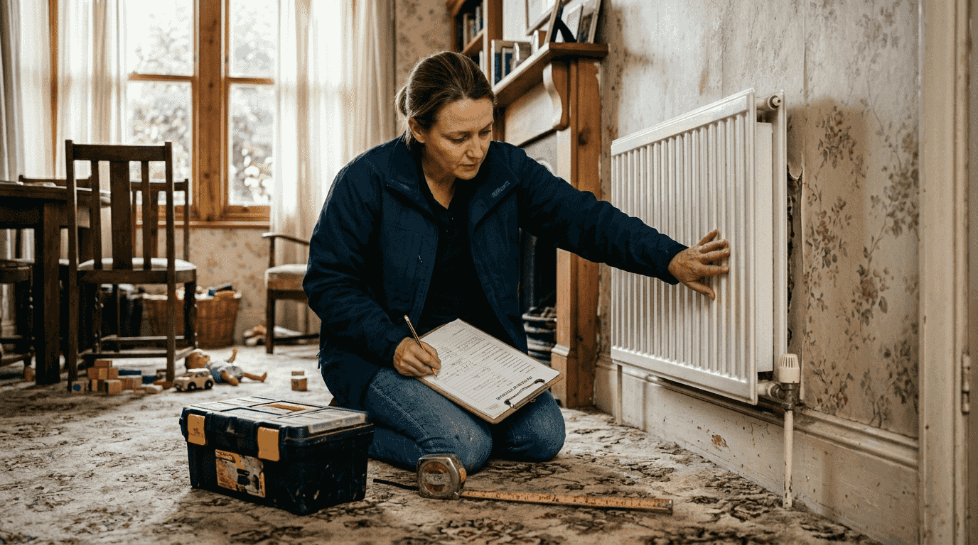 EPC assessor examining radiator insulation in London home