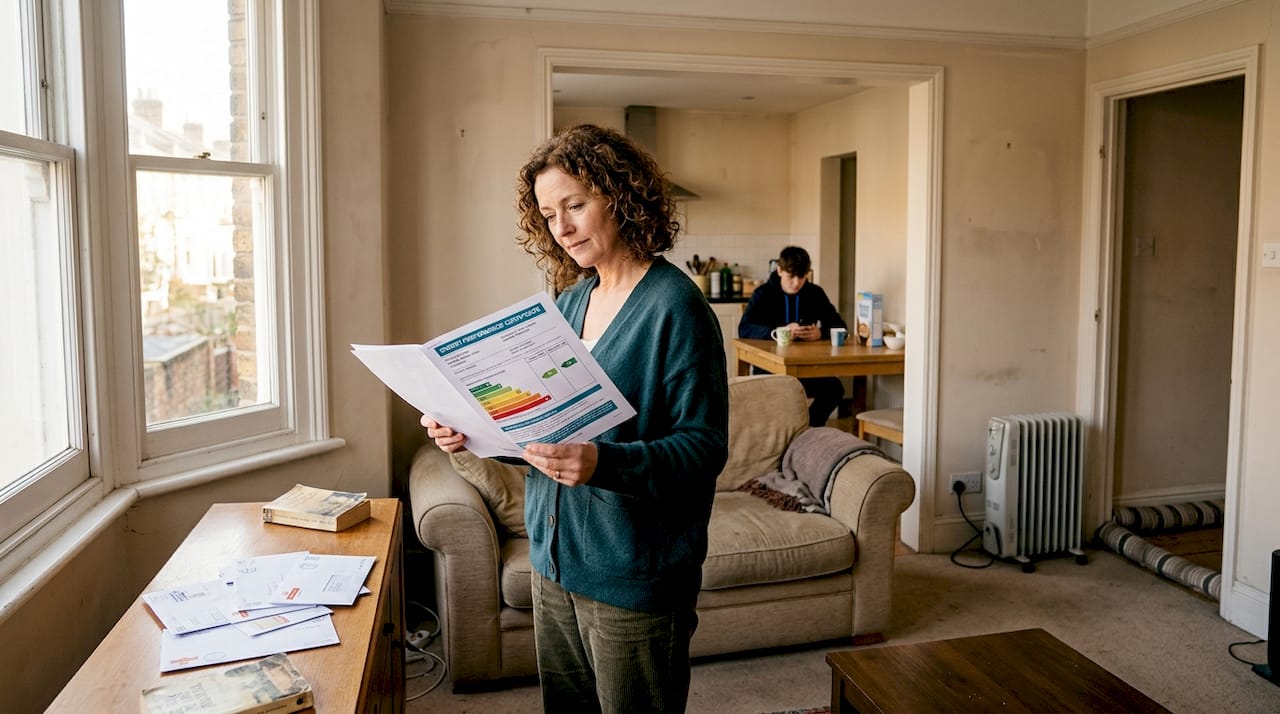 Homeowner holding EPC certificate in living room