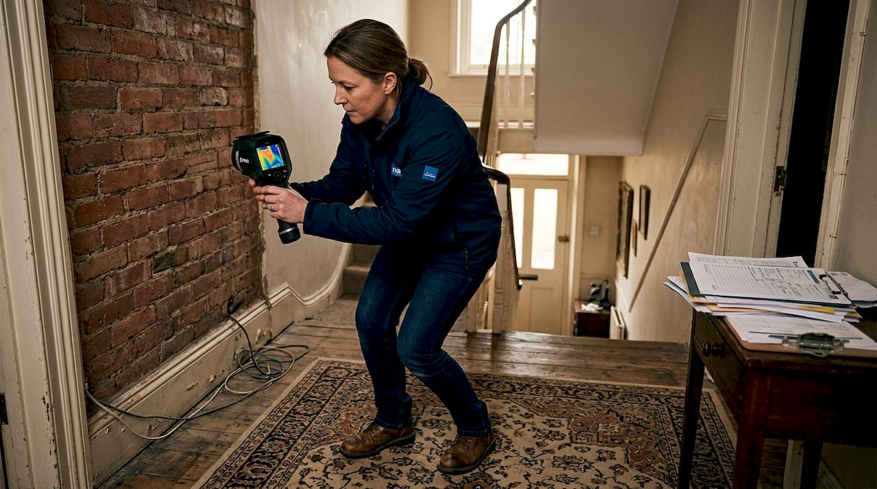 Thermal camera scanning brick wall for heat loss