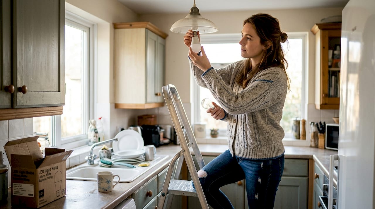 Woman switching LED lightbulb in kitchen
