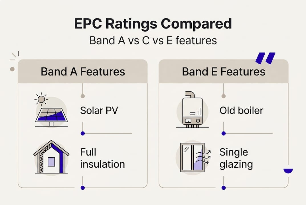 Infographic comparing EPC bands A C E features