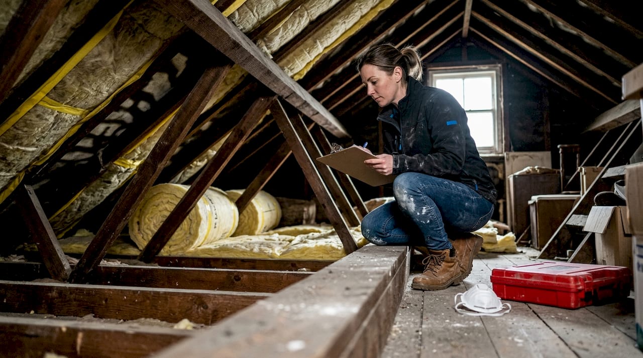 Contractor checking insulation in UK home attic