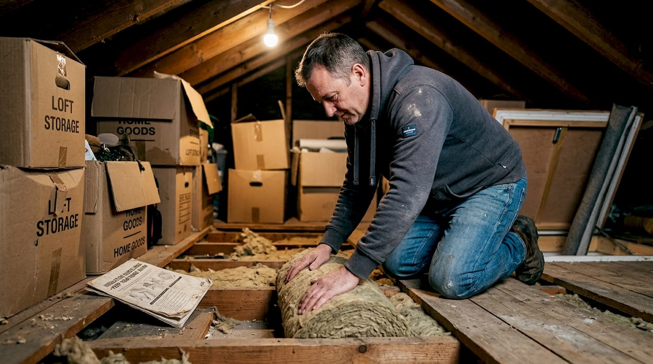 Man installing loft insulation in home attic