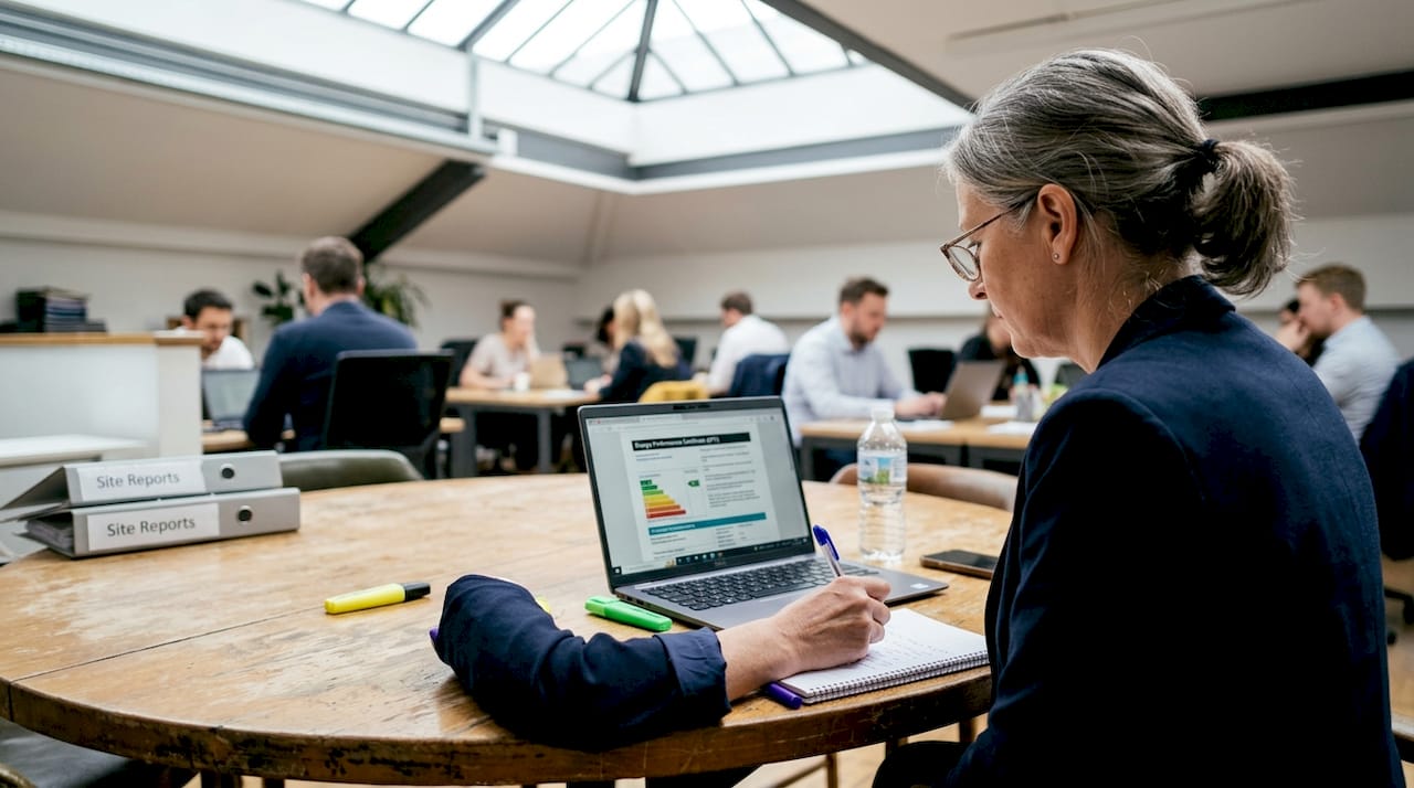 Building manager reviewing EPC certificate