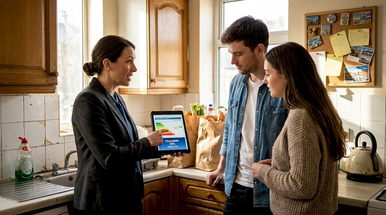 Letting agent explains EPC chart to tenants