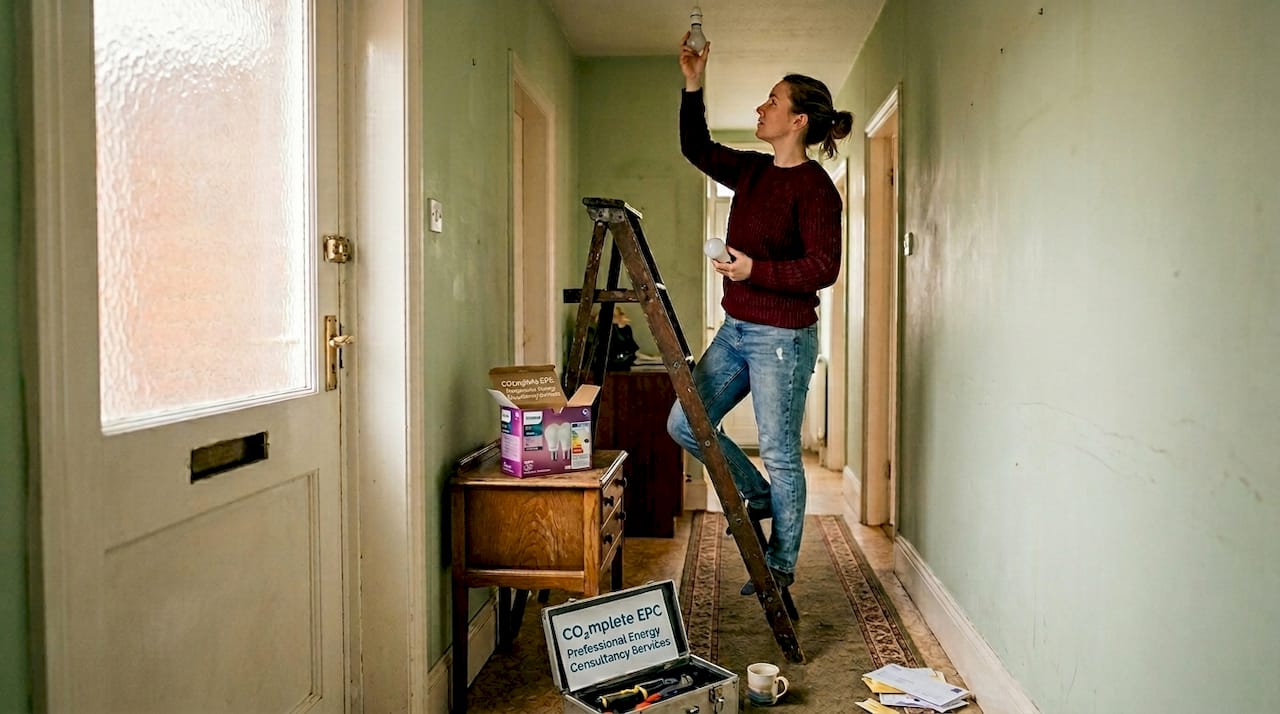 Landlord changing lightbulb before EPC assessment