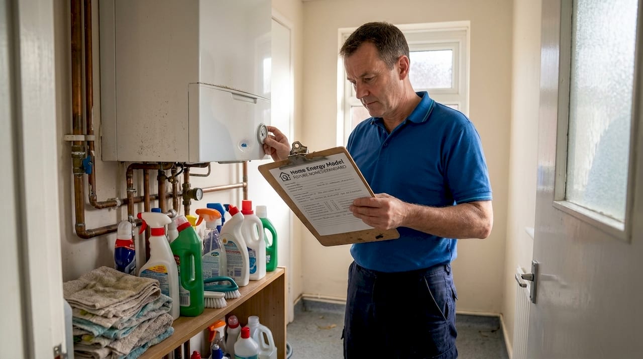 Technician inspecting residential boiler system