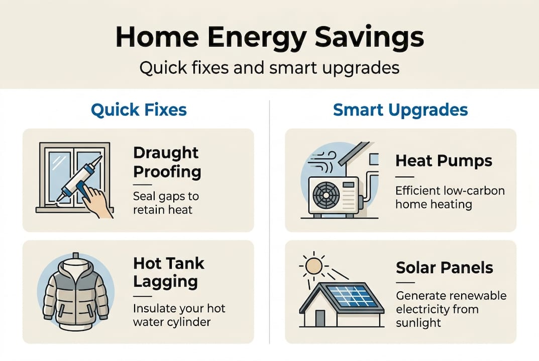 Infographic showing tips for lowering UK home energy bills