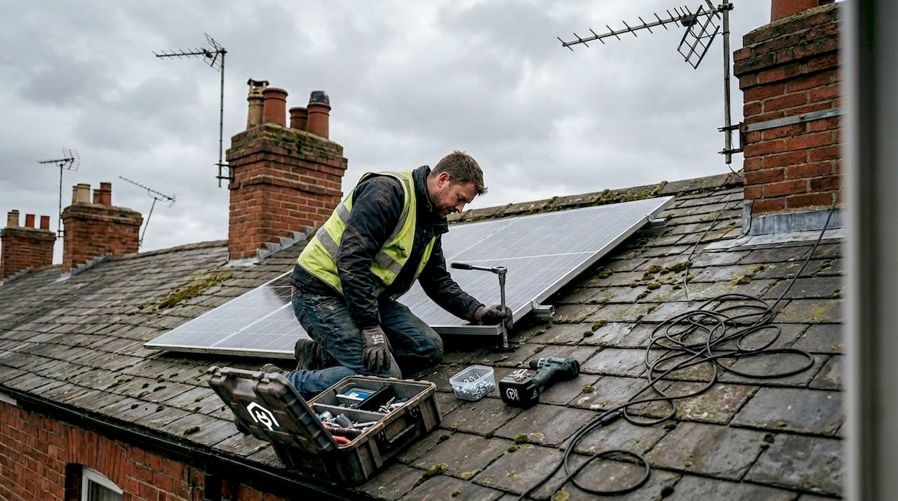 Engineer installing solar panels on roof