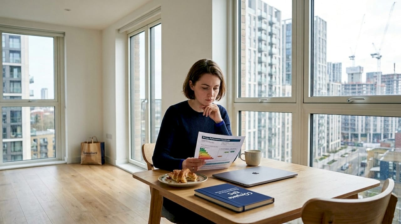 Resident reviews EPC certificate in modern flat