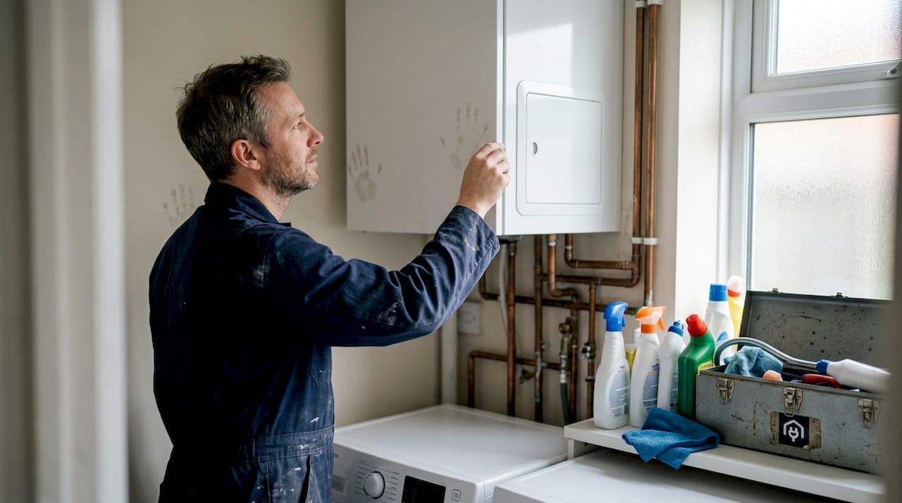 MVHR ventilation unit being adjusted in utility room