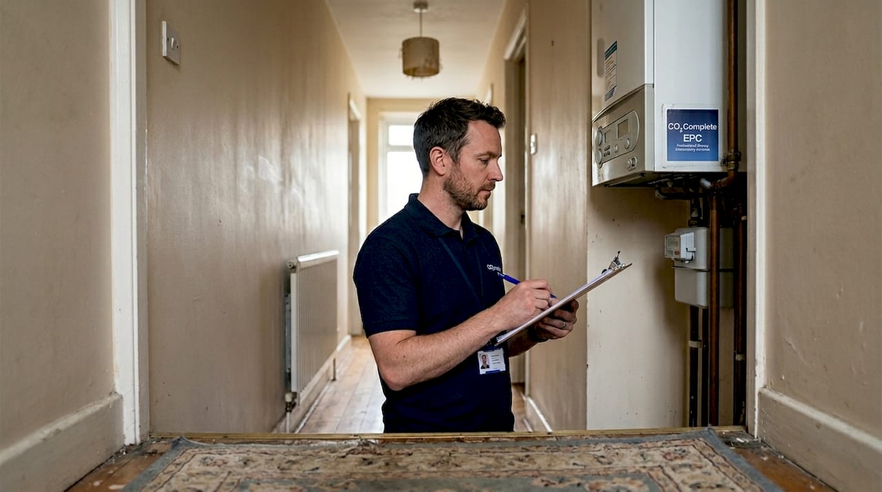 Energy assessor inspecting home boiler unit