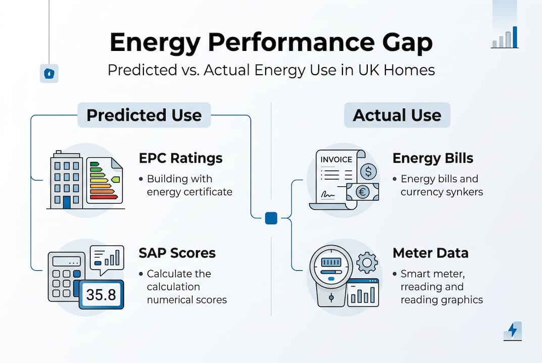 Infographic showing predicted versus actual energy use