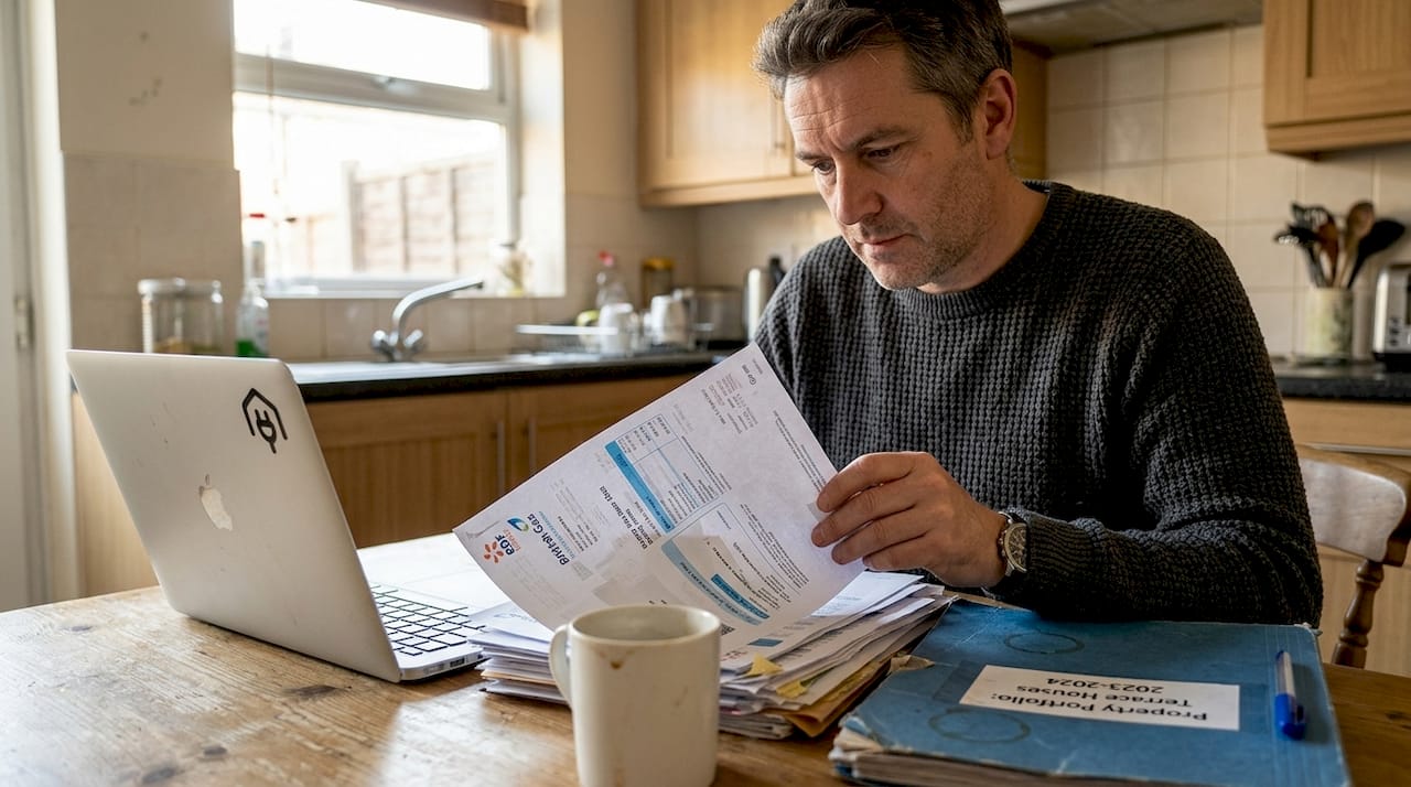 Landlord reviewing energy bills at table