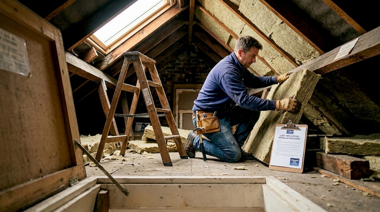 Handyman installing insulation in rental loft