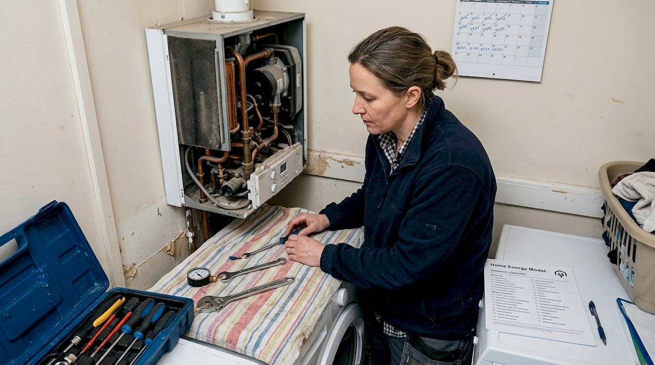 Engineer inspecting boiler for energy assessment