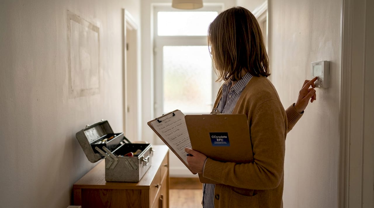 Landlord inspecting heat pump control panel
