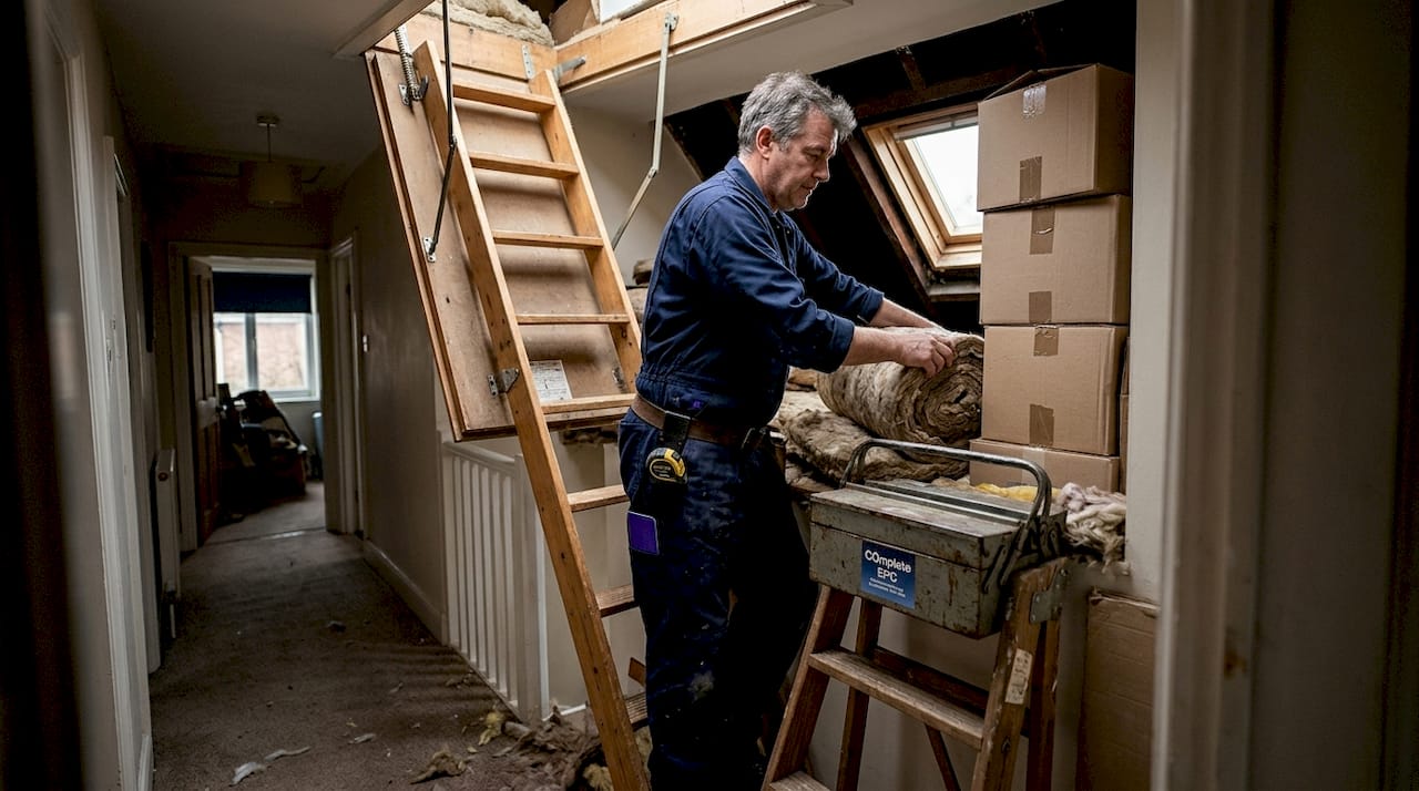 Contractor installing insulation in loft
