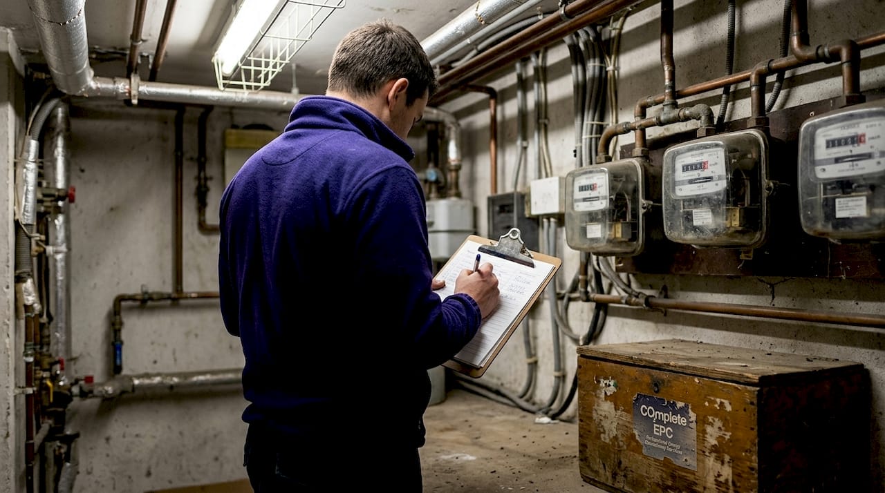 Worker records meter readings in basement