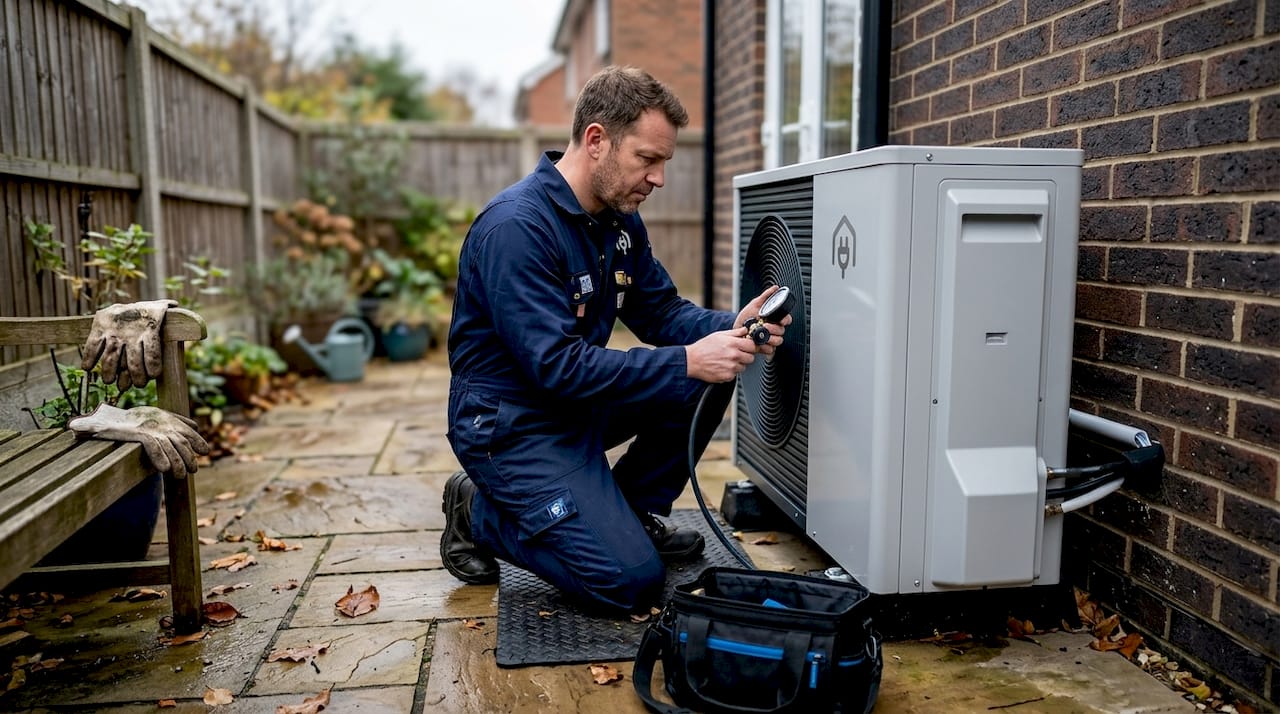 Technician inspecting home heat pump unit