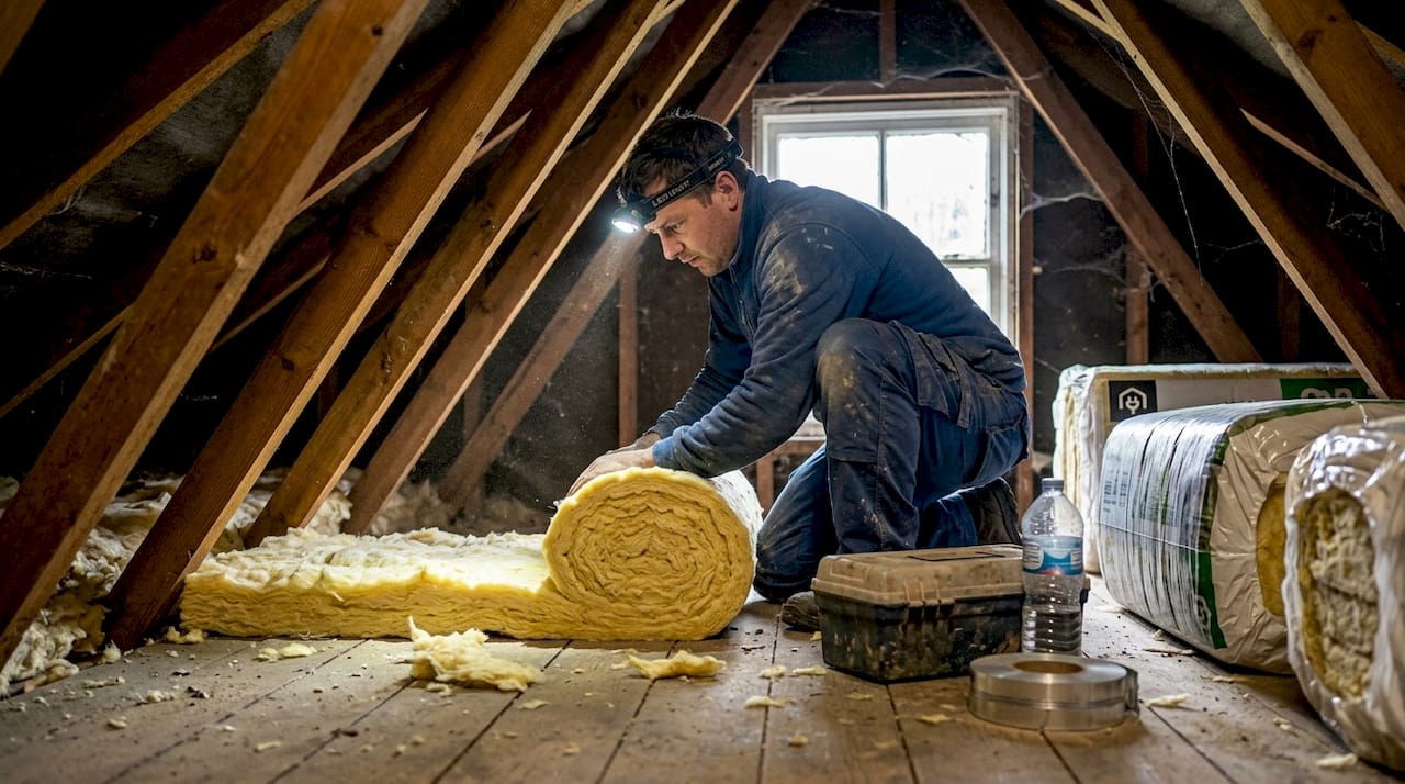 Contractor installing insulation in attic space