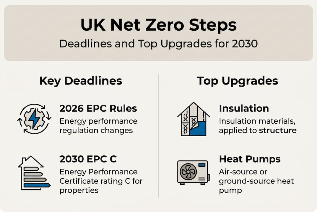 Infographic of UK property net zero timelines and upgrades